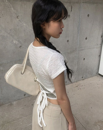 Pomme U Neck Back Slit Strap Short Sleeve Tee
